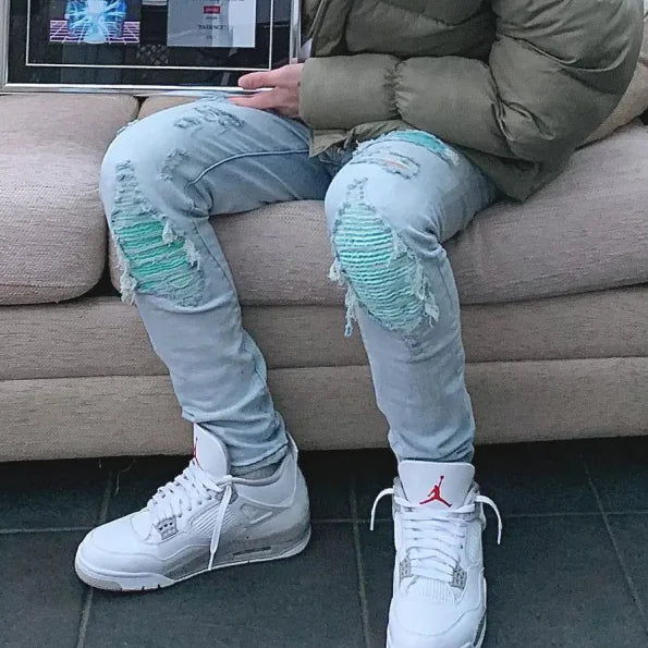 Baby Blue Water Worn Patch Torn Jeans for Men