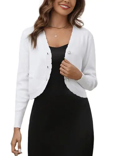 Womens Long Sleeve Shrug with Decorative White Buttons Up and Faux Pockets Cropped Bolero Cardigans