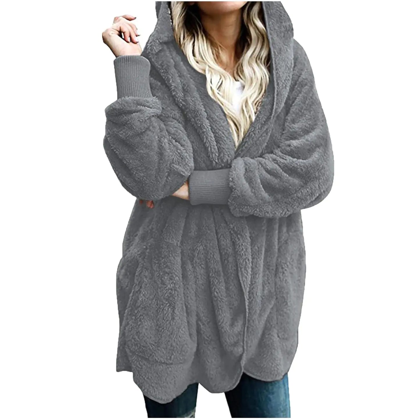 Sherpa Jacket Women Fuzzy Long Sleeve Open Front Hooded Cardigans Hoodies Shaggy Fleece Jackets Winter Faux Fur Coat Oversized Chunky Cardigans Comfy Sherpa Hoodie Plus Size Sweater Coat with Pockets