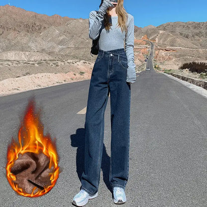 Thick Fleece Wide Leg High Waist Women's Jeans