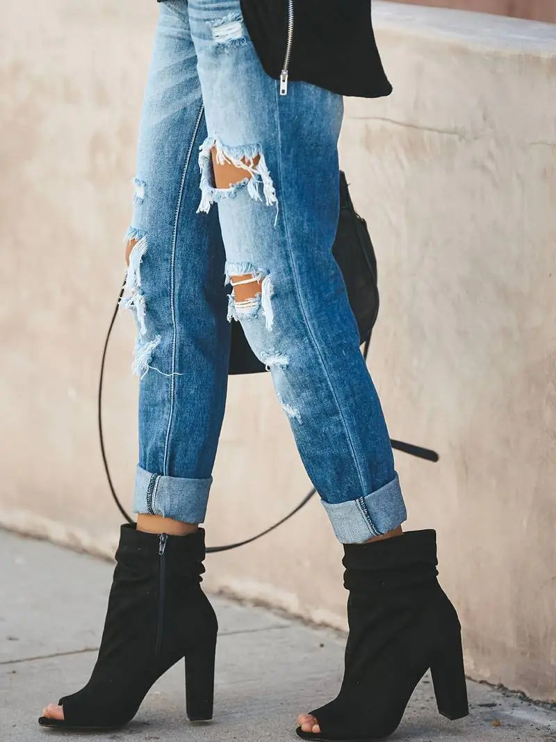Blue Ripped Straight Jeans with Distressed Pockets