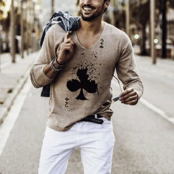 Elastic V-Neck Long Sleeve Men's T-Shirt