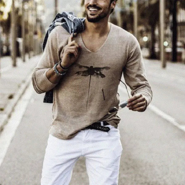 Elastic V-Neck Long Sleeve Men's T-Shirt