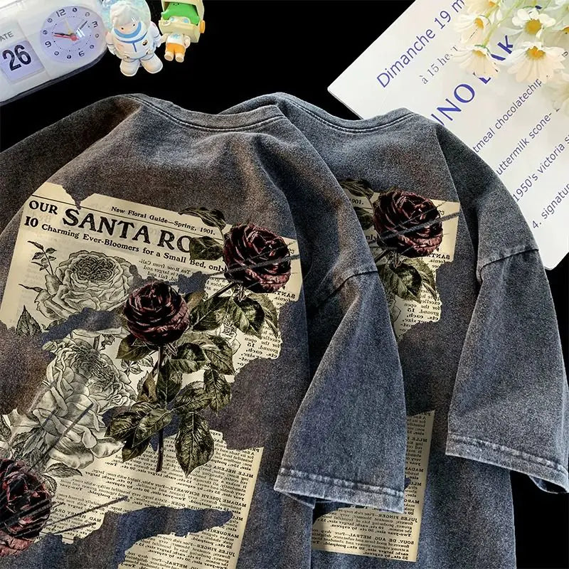 Retro Rose Print Cotton T-shirts for Men & Women