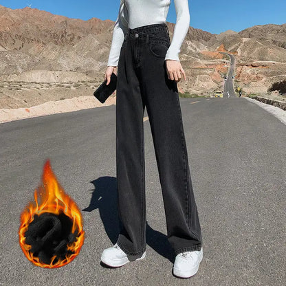 Thick Fleece Wide Leg High Waist Women's Jeans