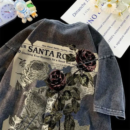 Retro Rose Print Cotton T-shirts for Men & Women