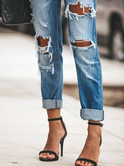 Blue Ripped Straight Jeans with Distressed Pockets