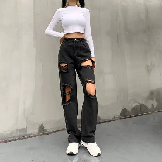 Trendy Ripped Women's Jeans with Raw Edges