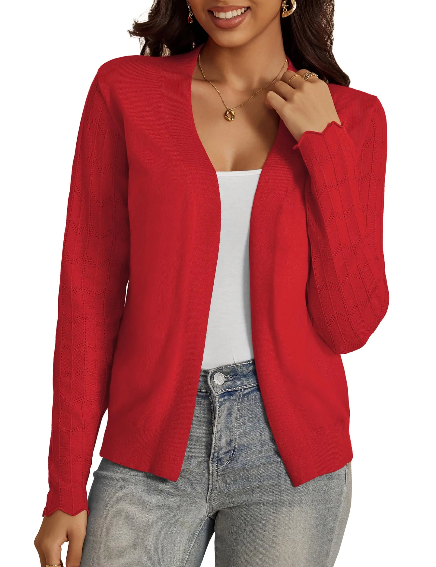 VOIANLIMO Womens Cardigan Lightweight Open Front Knit Long Sleeve Cardigans Sweaters for Women Red Medium