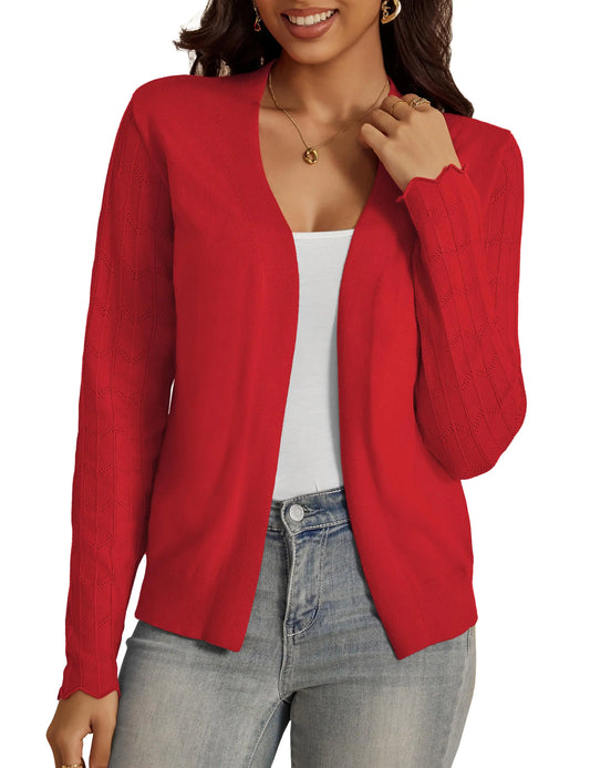 VOIANLIMO Womens Cardigan Lightweight Open Front Knit Long Sleeve Cardigans Sweaters for Women Red Medium