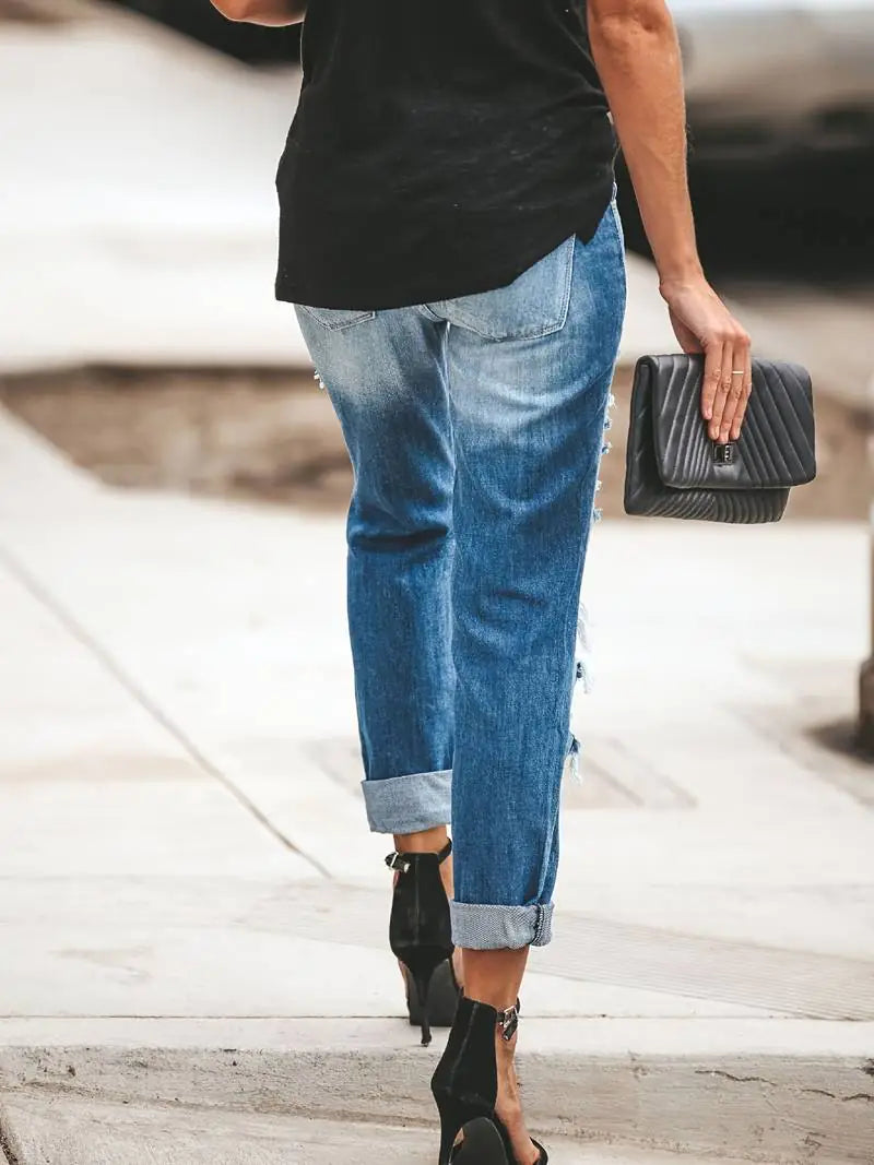 Blue Ripped Straight Jeans with Distressed Pockets