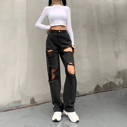 Trendy Ripped Women's Jeans with Raw Edges