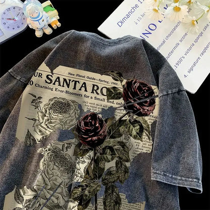 Retro Rose Print Cotton T-shirts for Men & Women