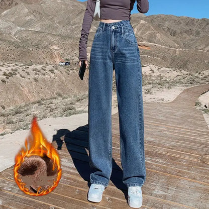 Thick Fleece Wide Leg High Waist Women's Jeans