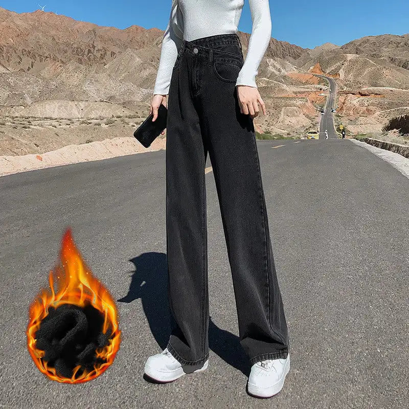Thick Fleece Wide Leg High Waist Women's Jeans