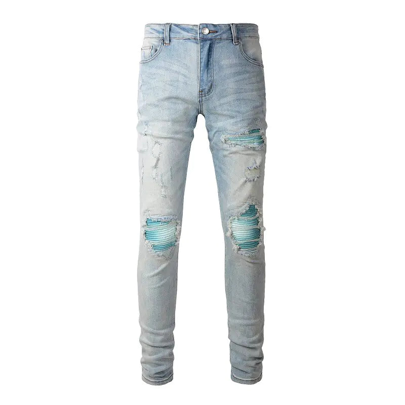 Baby Blue Water Worn Patch Torn Jeans for Men