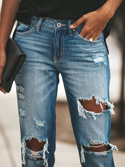 Blue Ripped Straight Jeans with Distressed Pockets